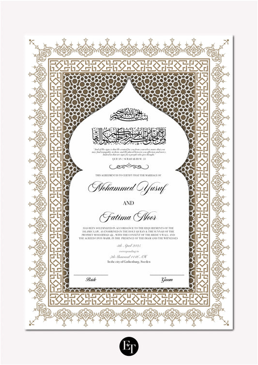 Lyxig Nikkah Certifikat - Diwan (Beige gold)