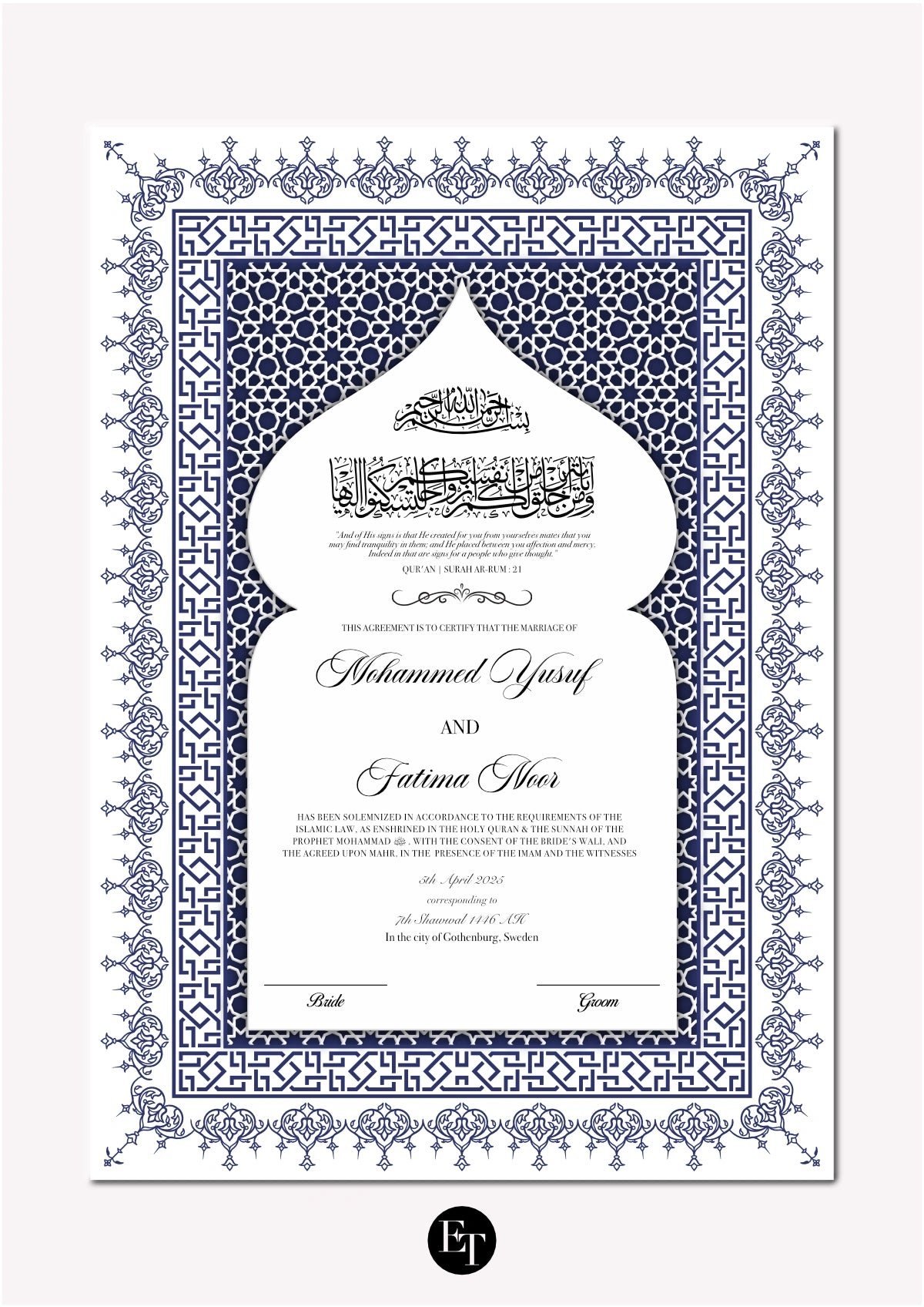 Lyxig Nikkah Certifikat - Diwan (blå)