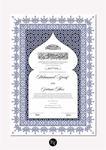 Lyxig Nikkah Certifikat - Diwan (blå)