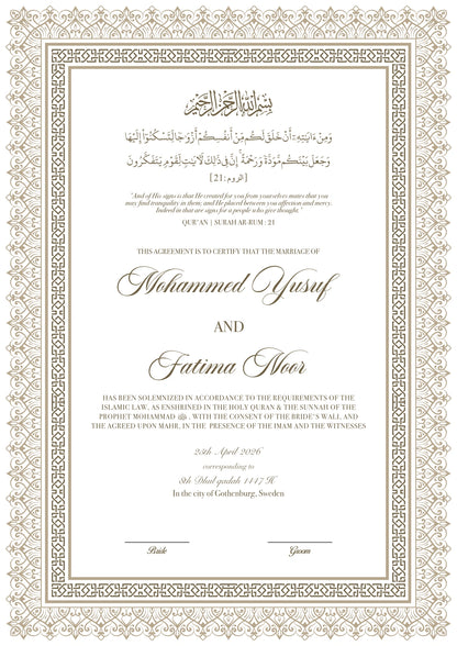 Lyxig Nikkah Certifikat - Mawaddah (Folierad)